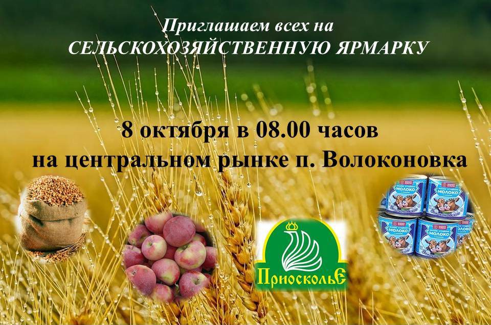 8 октября 2022 года в преддверии празднования Дня работника сельского хозяйства и перерабатывающей промышленности на центральном рынке поселка Волоконовка с 8.00 часов будет проводиться сельскохозяйственная ярмарка.