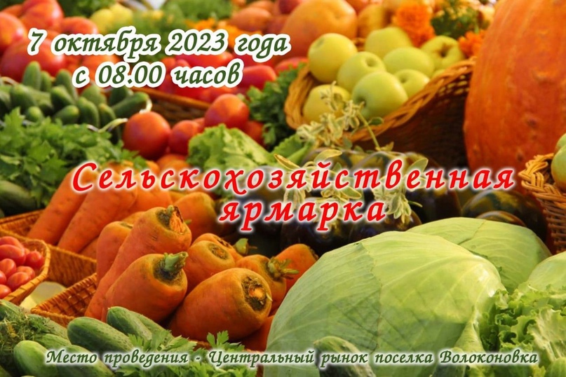7 октября 2023 года с 08:00 часов на центральном рынке посёлка Волоконовка пройдет традиционная сельскохозяйственная ярмарка.