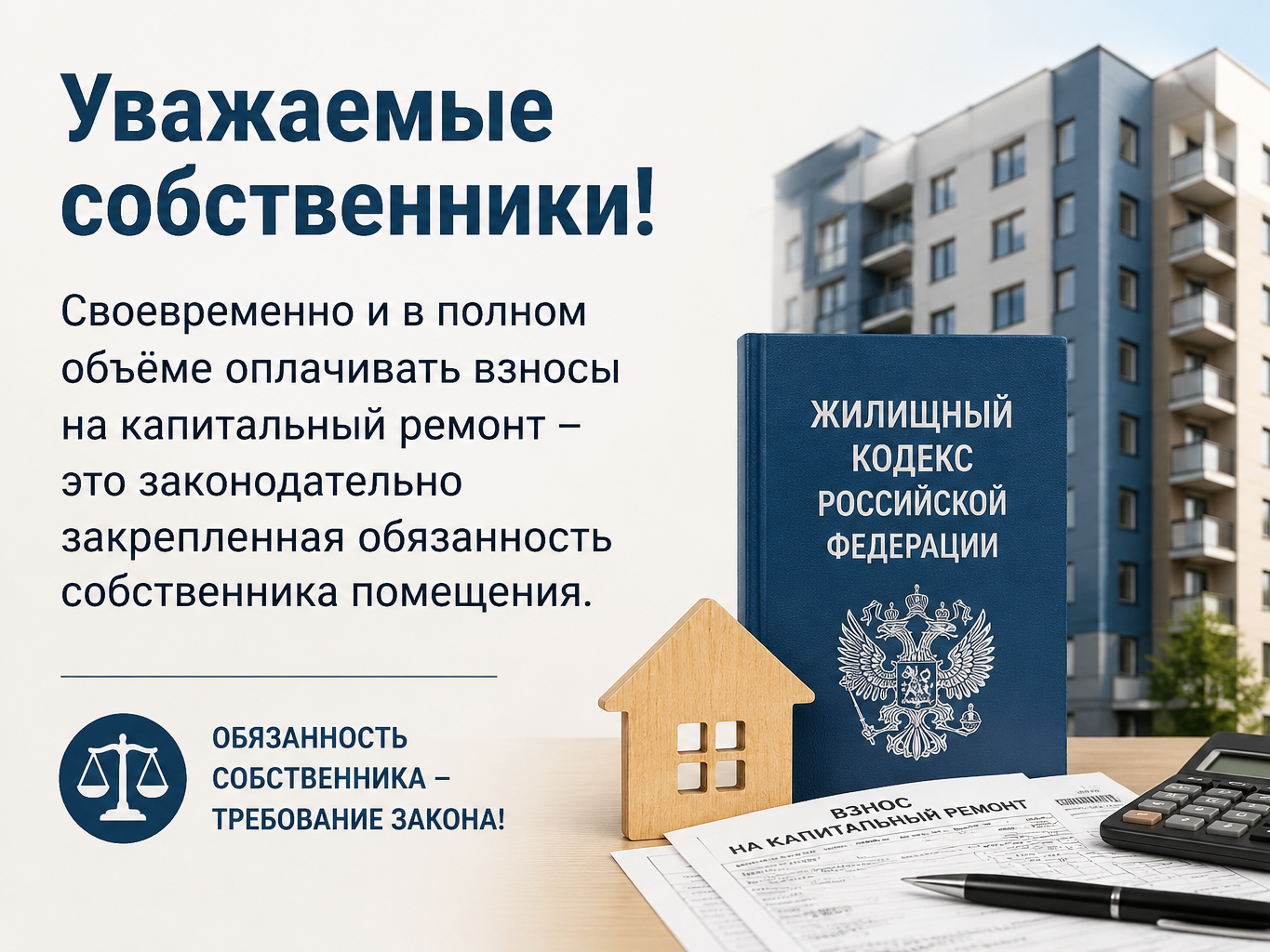 Уважаемые собственники! Своевременно и в полном объёме оплачивать взносы на капитальный ремонт – это законодательно закрепленная обязанность собственника помещения.