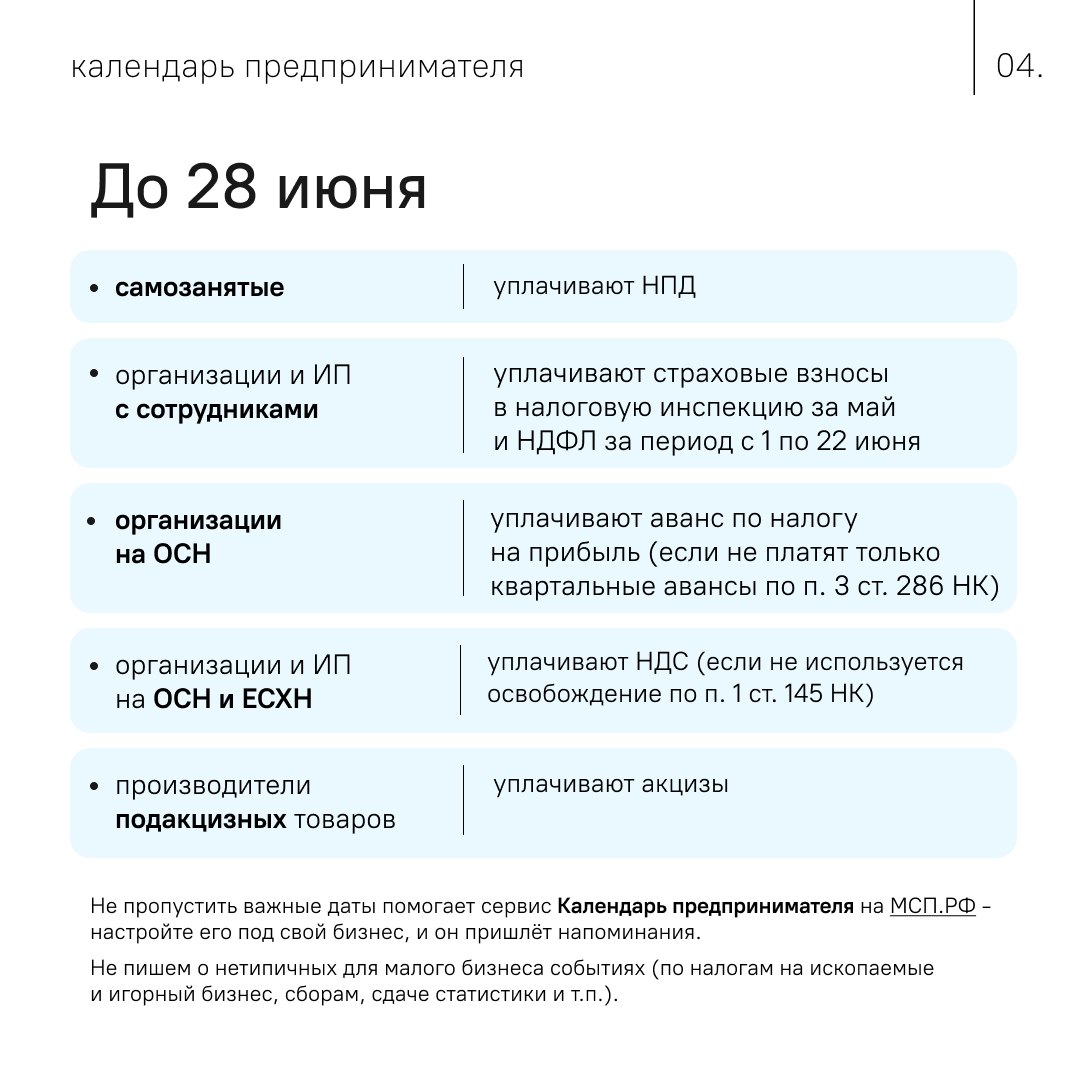 Календарь предпринимателя на июнь 2024 года.