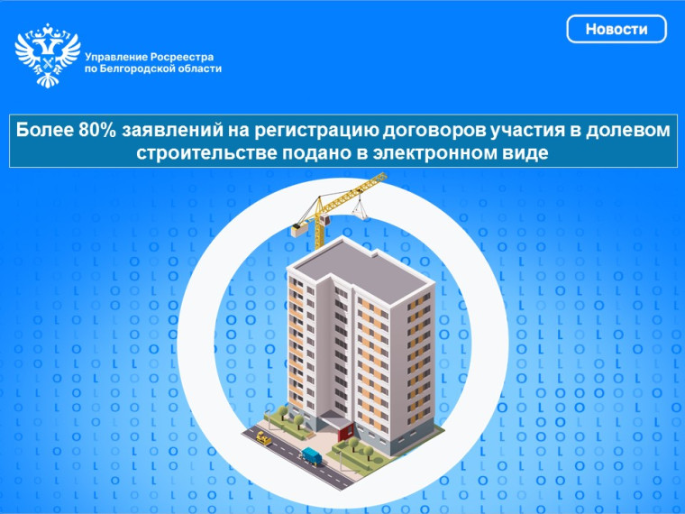 Более 80% заявлений на регистрацию договоров участия в долевом строительстве подано в электронном виде. Более 80% заявлений на регистрацию договоров участия в долевом строительстве подано в электронном виде.