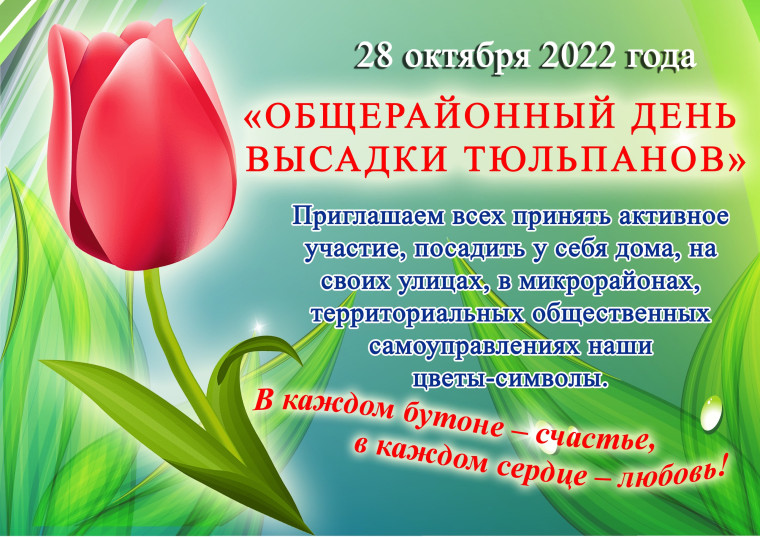 28 октября 2022 года объявляется общерайонный День посадки тюльпанов. 28 октября 2022 года объявляется общерайонный День посадки тюльпанов.